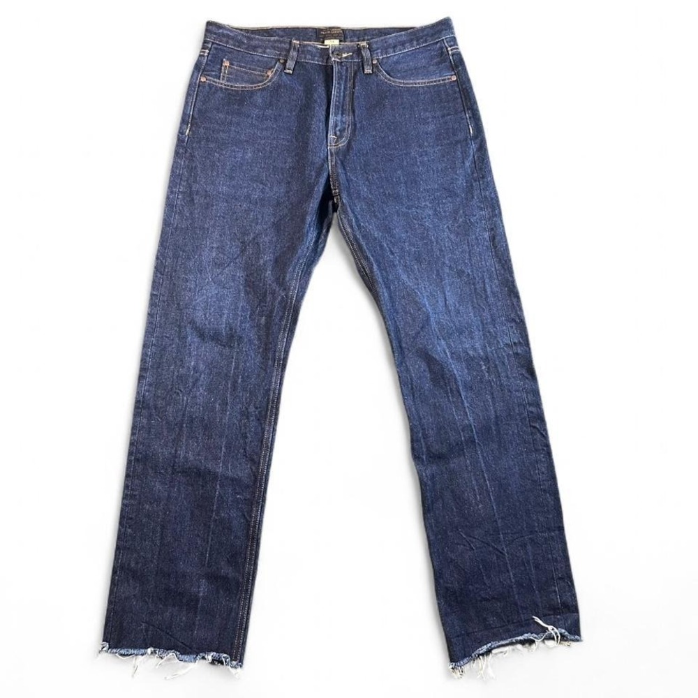 FILSON Raw Denim Jeans Selvedge Style Dark Wash Frayed Hem Straight Leg 34x30